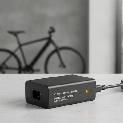 Carregador de Bateria Leve para Ebike de 300 Gramas com Entrada AC 100-240V e Tempo de Carregamento de 4-6 Horas para Bicicletas Elétricas